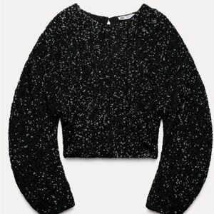 Zara Black Sequin Crop Top Long Sleeve Glam Party Sparkle